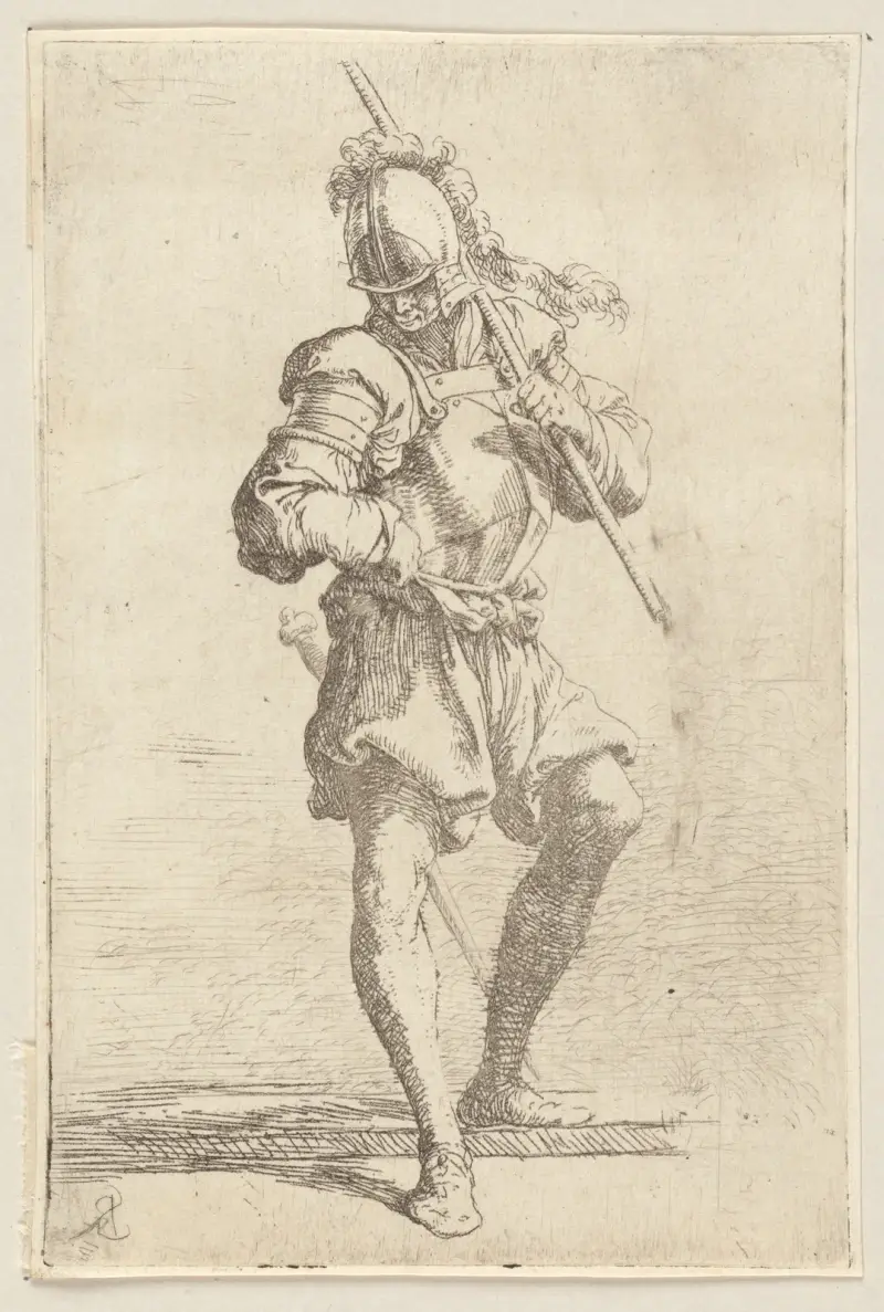 Stehender Soldat, den Blick auf den Boden gerichtet von Salvator Rosa