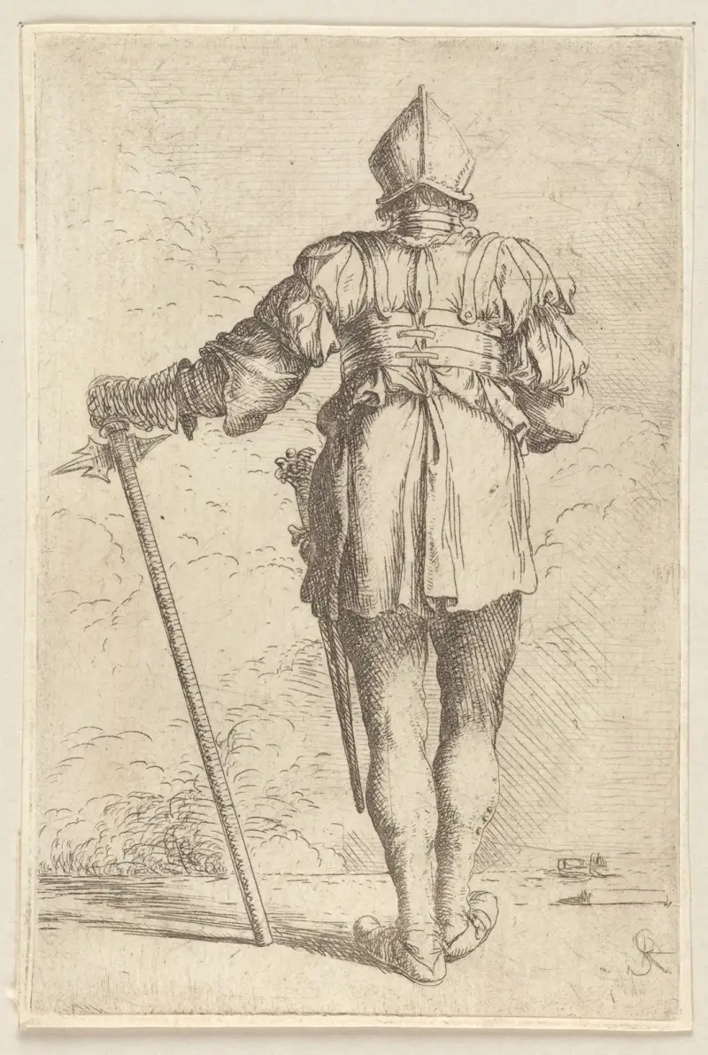 Stojący żołnierz widziany od tyłu, w hełmie, z laską, Salvator Rosa