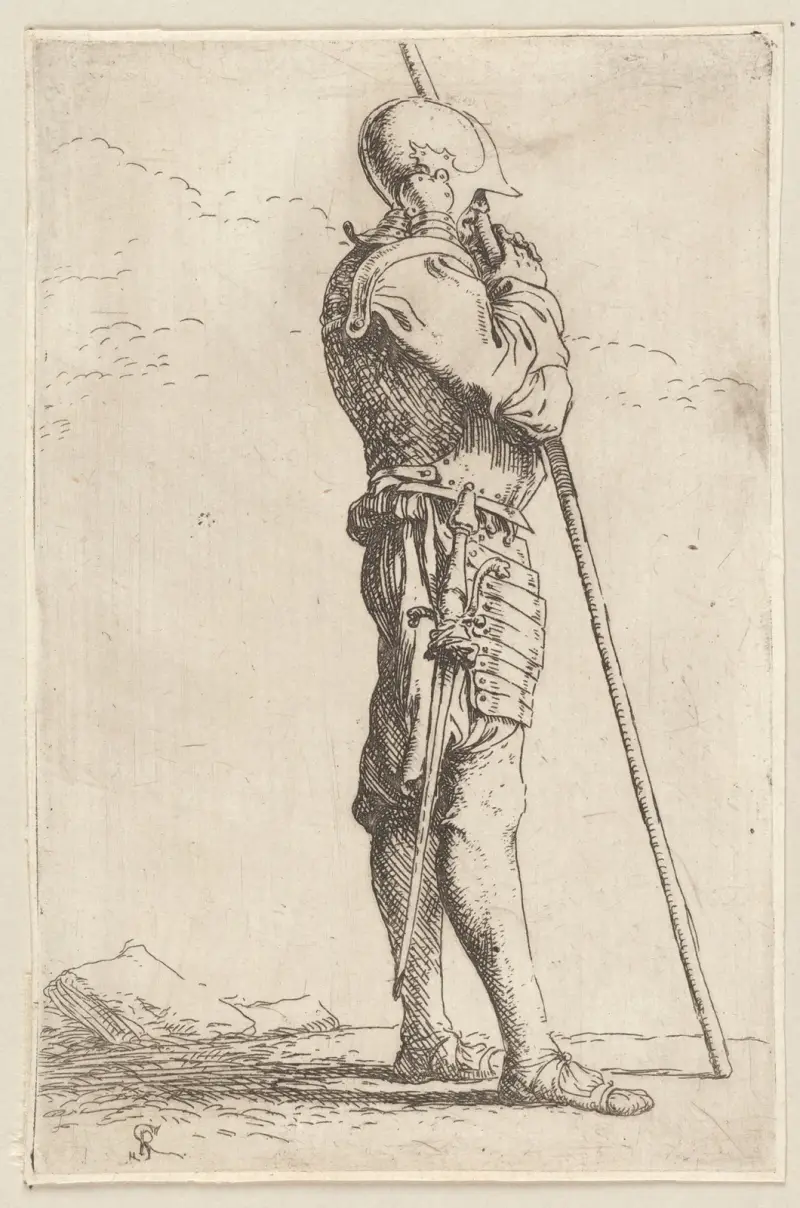 Soldat, auf einen langen Stock gestützt, nach rechts gewandt von Salvator Rosa