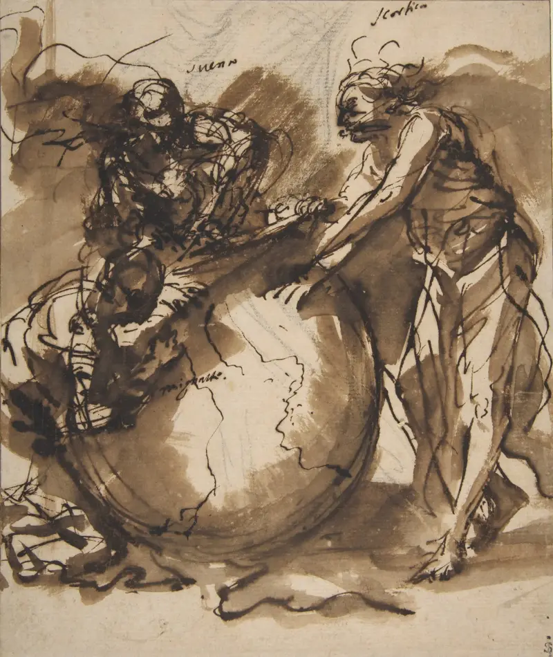 Tre figurer kring ett jordklot av Salvator Rosa