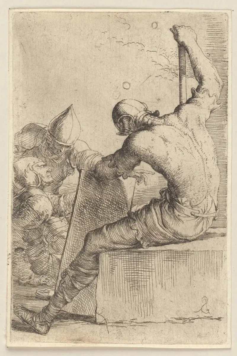 Tři vojáci, jeden sedící a opírající se o hůl a štít, Salvator Rosa