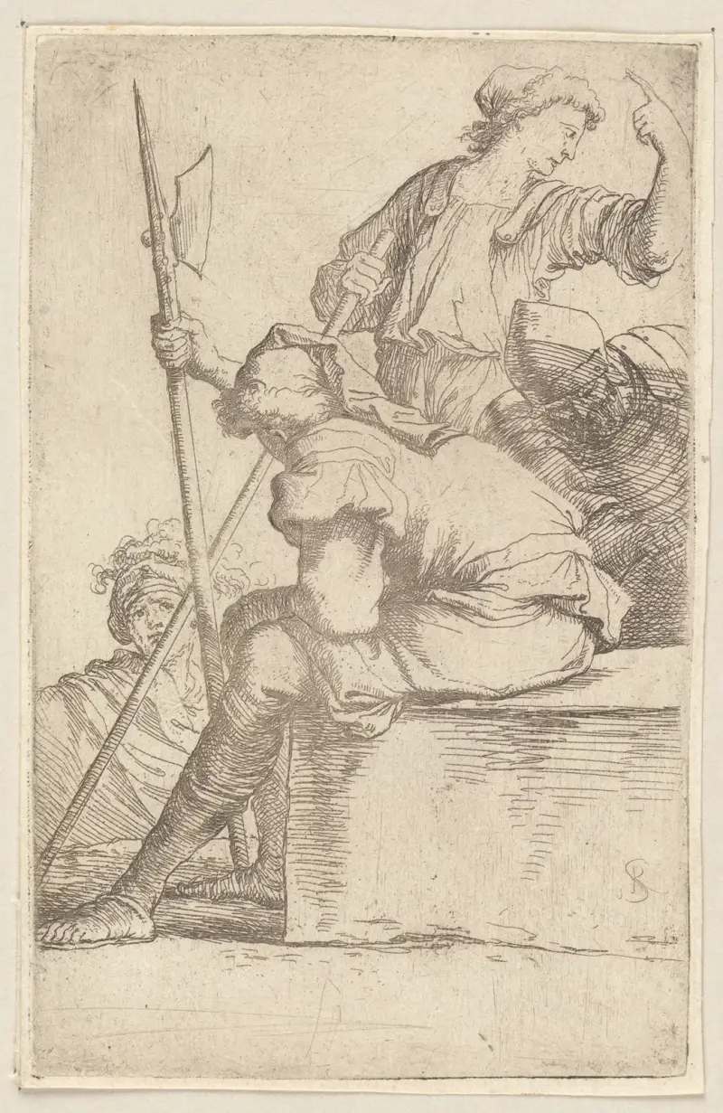 Drei Soldaten, einer auf einem viereckigen Steinblock sitzend 2 von Salvator Rosa