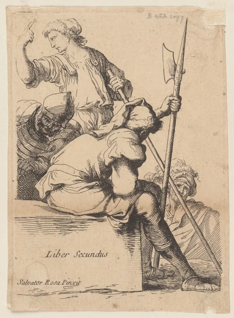 Drei Soldaten, einer auf einem quadratischen Steinblock sitzend von Salvator Rosa