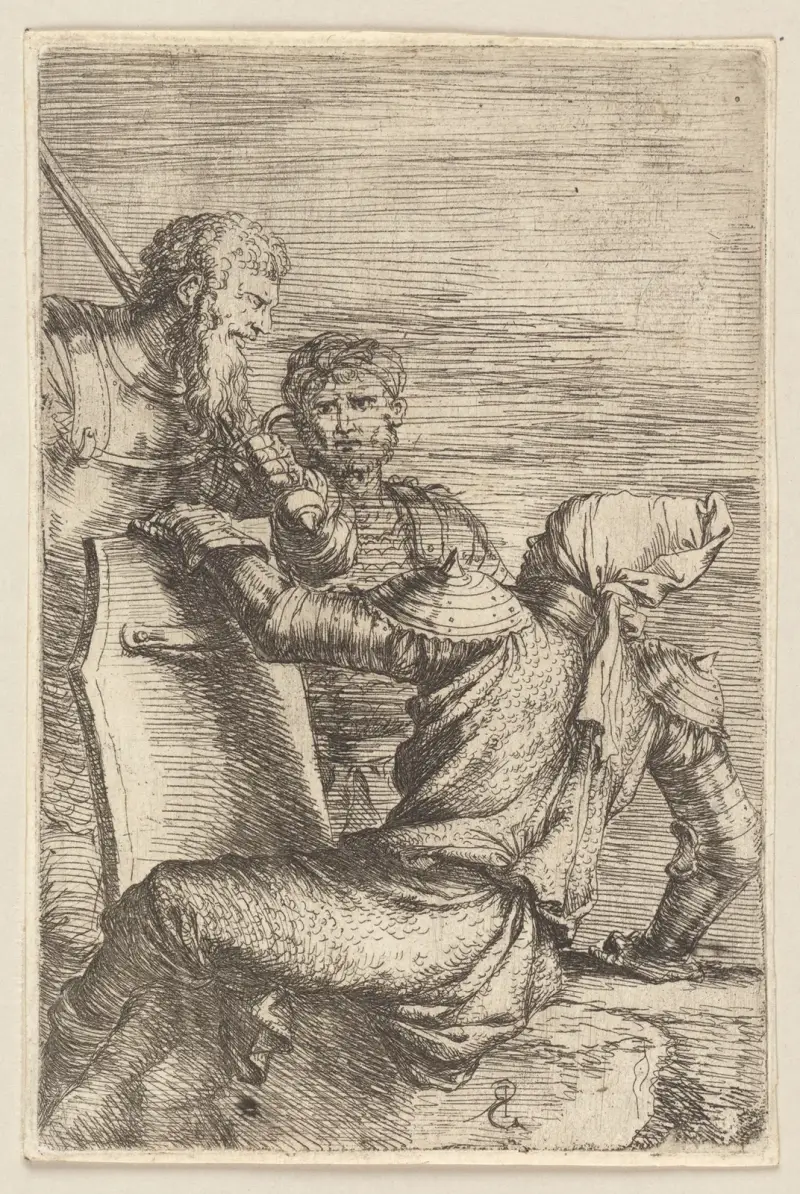 Zwei Soldaten vor einem Dritten, der einen Schild hält von Salvator Rosa