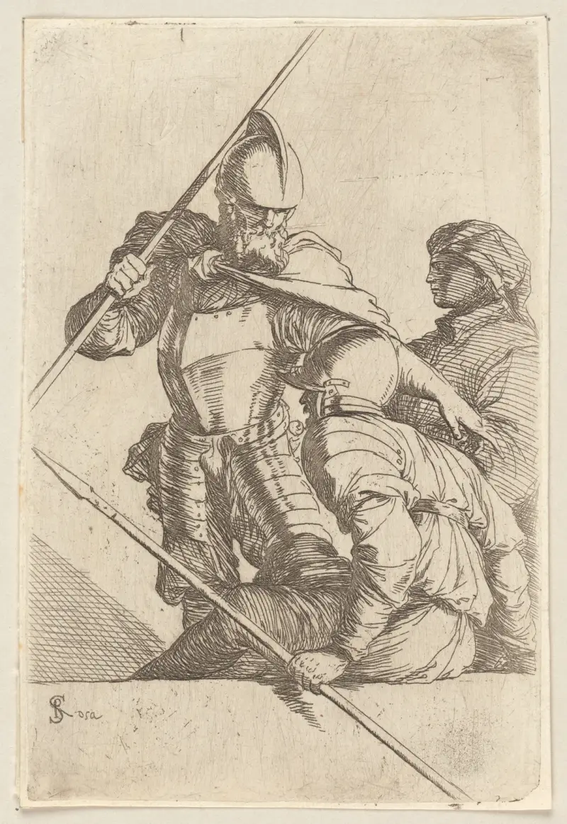 Zwei Soldaten, einer mit Helm und Bart von Salvator Rosa