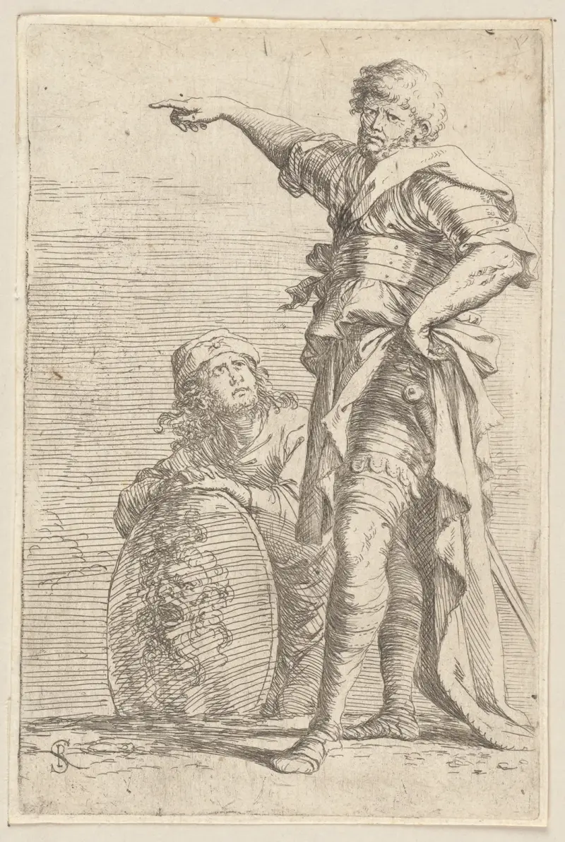 Zwei Soldaten, der eine nach links zeigend, der untere einen Schild haltend von Salvator Rosa