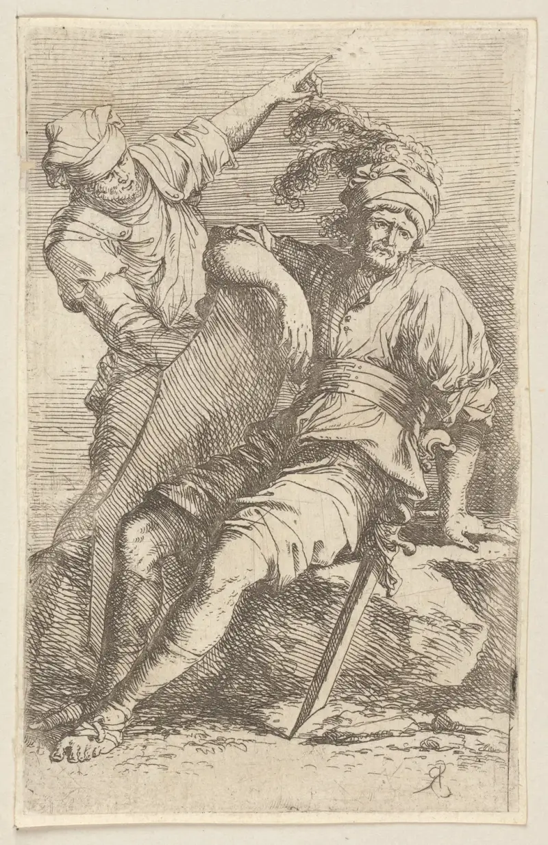 Zwei Soldaten, einer sitzend mit Schwert und Schild von Salvator Rosa