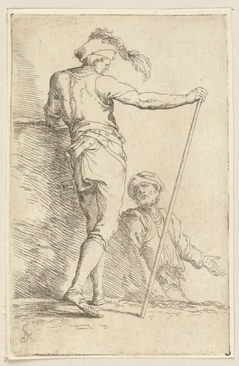 Dwóch żołnierzy, jeden widziany od tyłu z laską w prawej ręce, Salvator Rosa