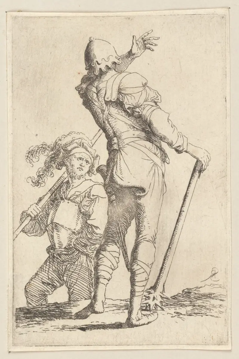 Dwaj żołnierze, jeden widziany od tyłu, trzymający maczugę 2, Salvator Rosa