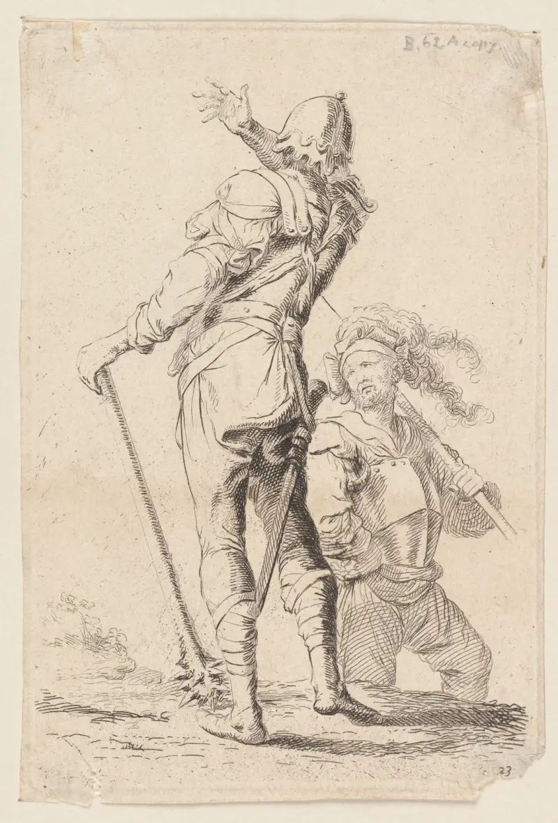 Zwei Soldaten, einer von hinten gesehen, mit einer Keule von Salvator Rosa