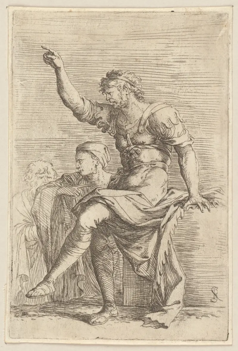 Zwei Soldaten, einer mit erhobener Hand nach links zeigend von Salvator Rosa