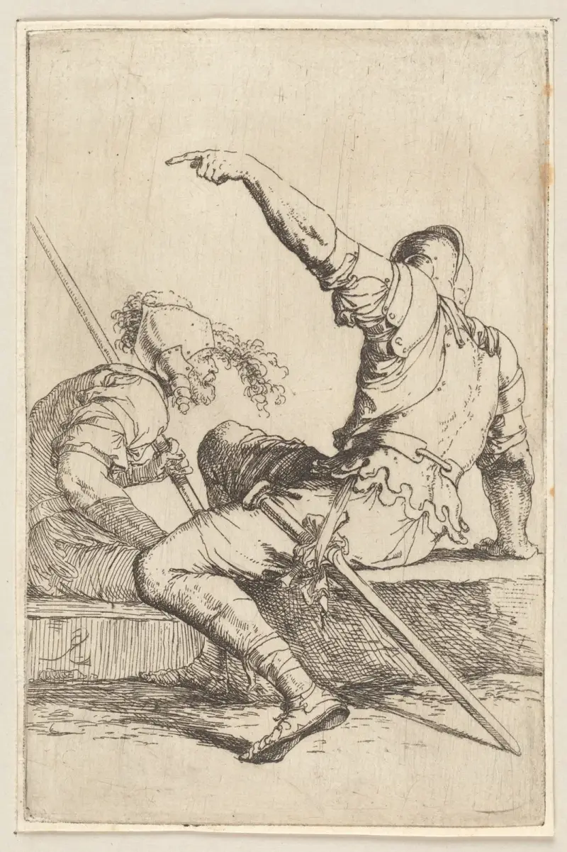 Zwei auf einem rechteckigen Stein sitzende Soldaten von Salvator Rosa