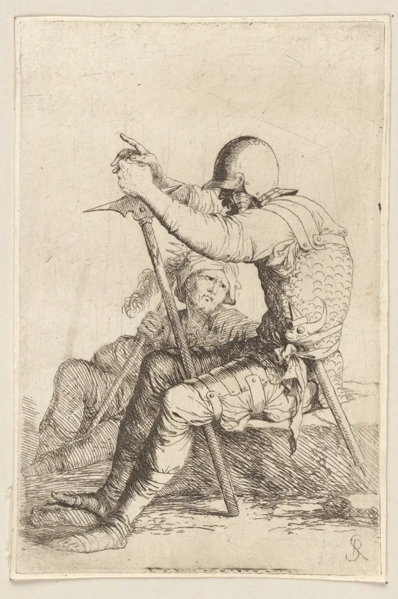 Zwei sitzende Soldaten, der eine auf einem Stein, der andere auf dem Boden von Salvator Rosa