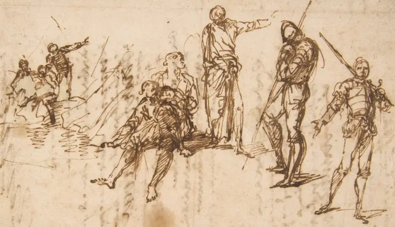 Två stående soldater och sex andra figurer av Salvator Rosa