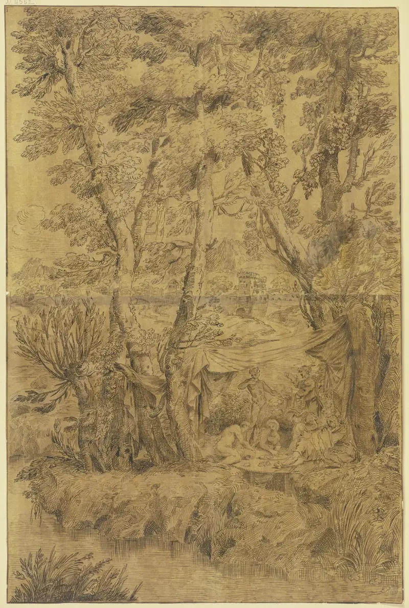 Under höga träd ett tält, under vilket män och kvinnor intar en måltid vid ett bord av Salvator Rosa