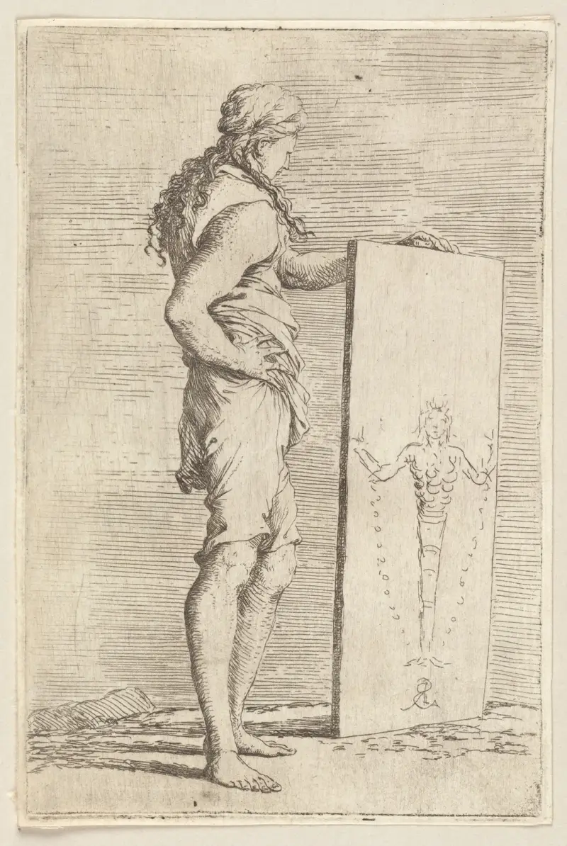 Ung man betraktar en tavla av Salvator Rosa