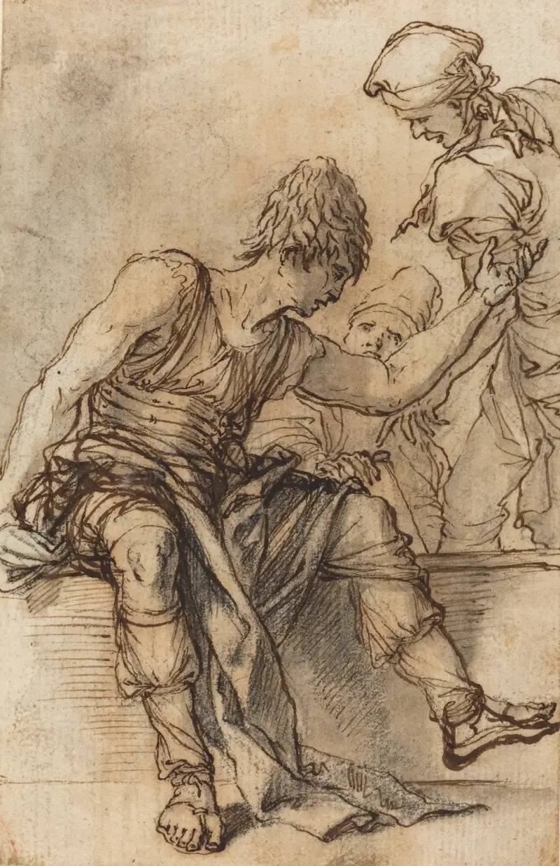 Jugendlicher auf einer Mauer im Gespräch mit zwei Männern von Salvator Rosa
