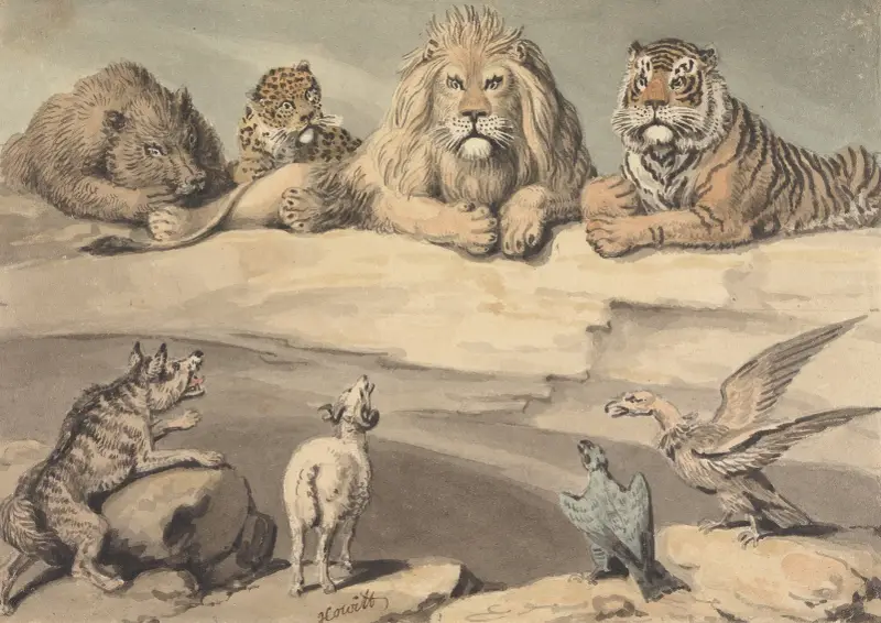 Ett vildsvin, en leopard, ett lejon, en tiger, en varg, en bagge och två örnar av Samuel Howitt