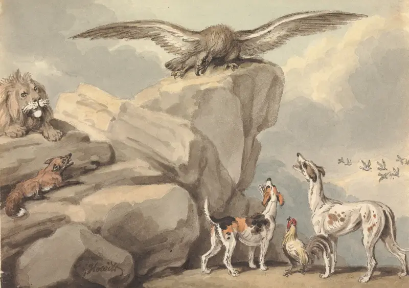 En örn sittande på en klippa; lejon, räv, två hundar och en tupp av Samuel Howitt