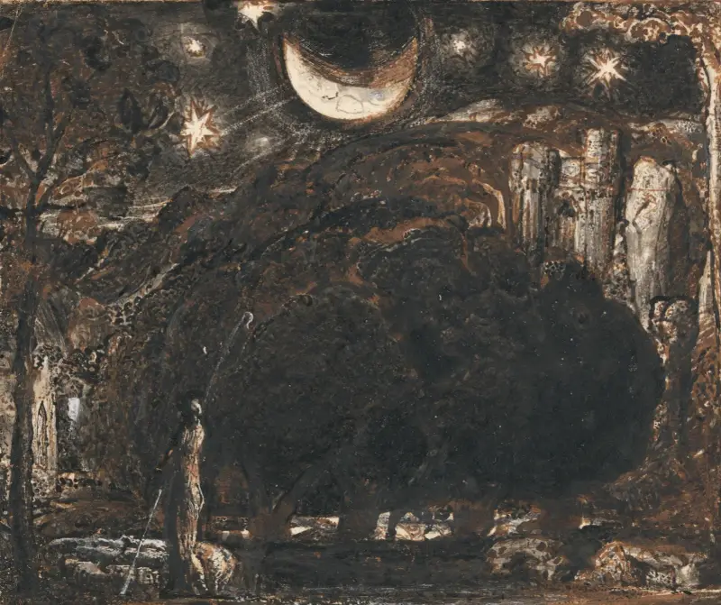 En herde och hans hjord under månen och stjärnorna av Samuel Palmer