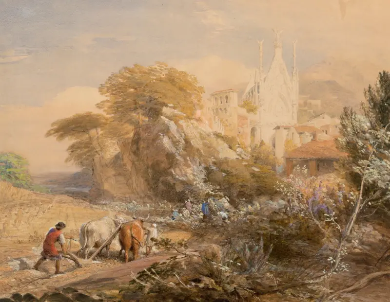 Skördefält och klostret La Vocatella, nära Corpo di Cava av Samuel Palmer
