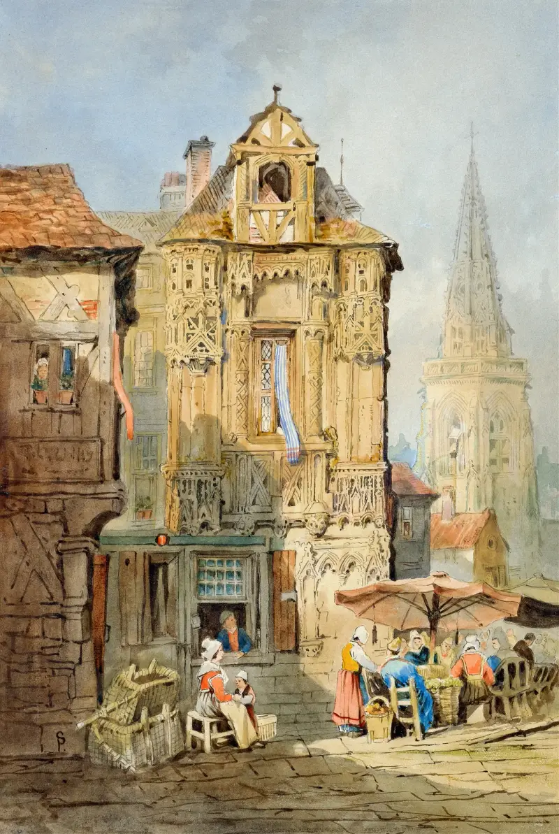 Marketplace at Bruges av Samuel Prout