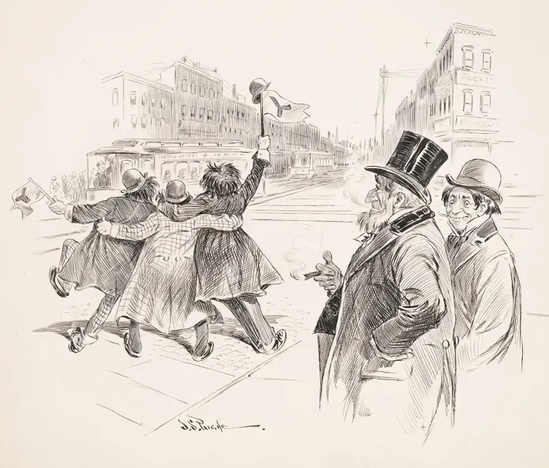 Three drunken Yalies wave down the street as elder man and grinning young man look on. av John Samuel Pughe