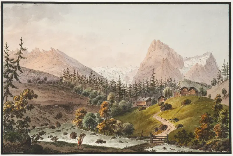 Vy över Roselouvi-glaciärerna på Scheidegg, i Oberhasli-dalen av Jakob Samuel Weibel