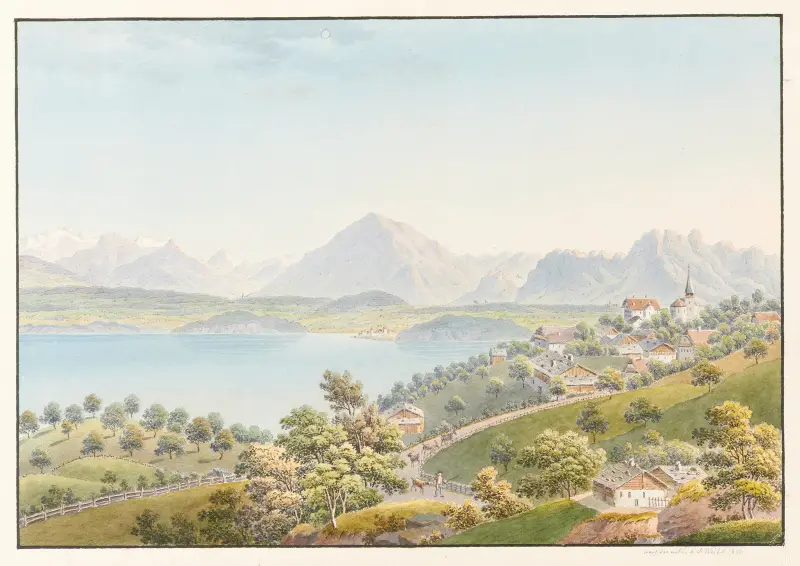 Utsikt tecknad från byn Sigriswil, ovanför sjön Thun av Jakob Samuel Weibel