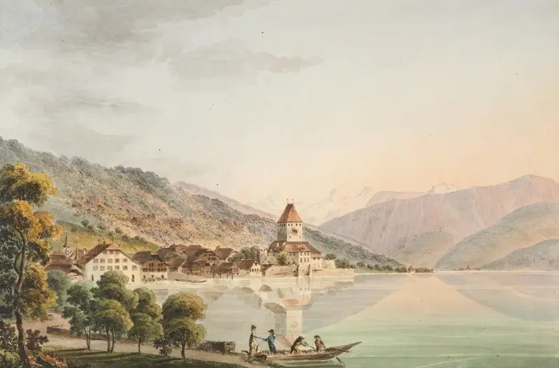 Utsikt över slottet Oberhofen vid Thunsjön av Jakob Samuel Weibel