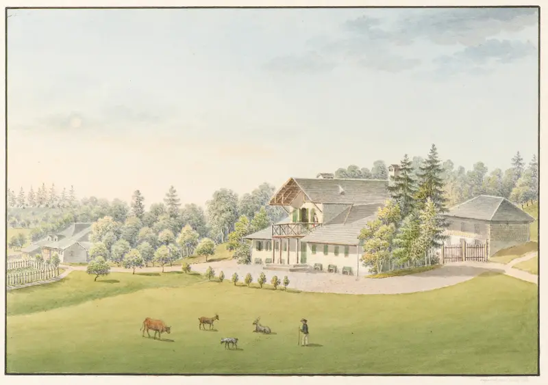 Vy över det nya châlet i Vernand av Jakob Samuel Weibel
