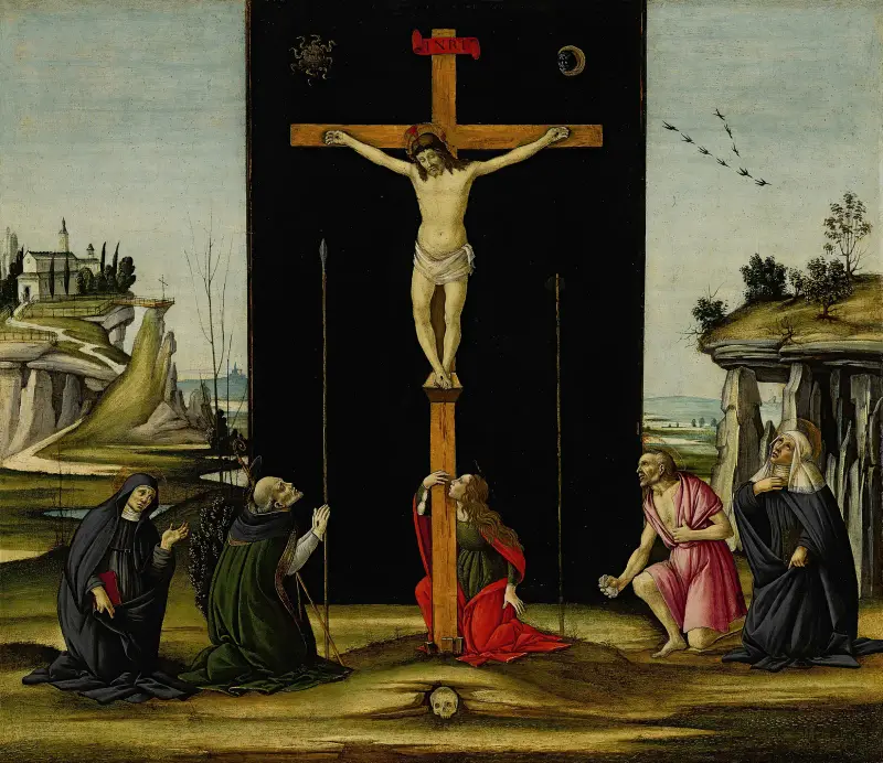 Christ on the Cross adored by Saints Monica, Augustine, Mary Magdalen, Jerome and Bridget of Sweden av Sandro Botticelli