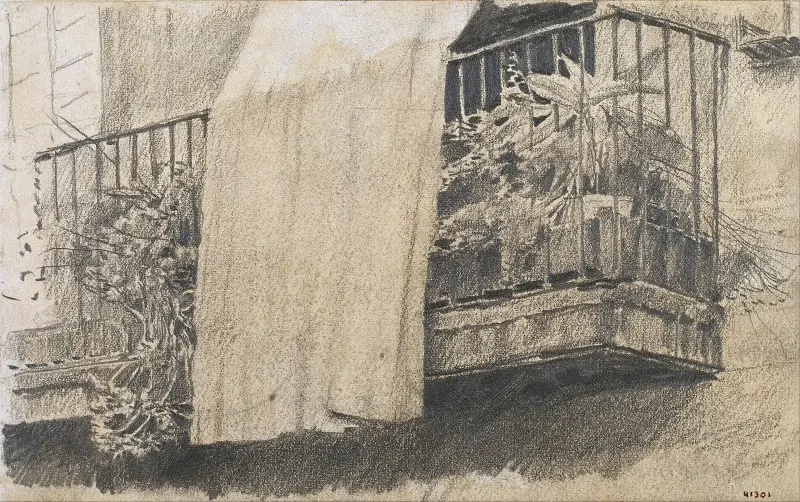 Balkong med blommor och draperi av Santiago Rusiñol