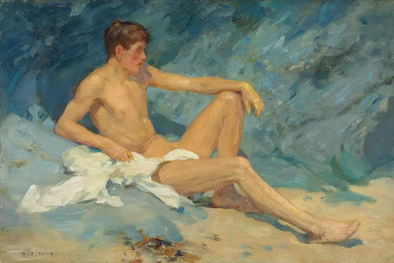 A male nude reclining on rocks av Henry Scott Tuke