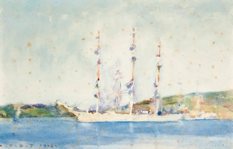Loď s příčným ráhnováním na kotvě, Henry Scott Tuke