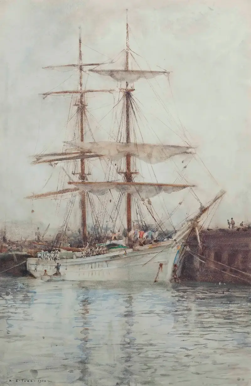 A Windjammer Moored In Falmouth Harbour av Henry Scott Tuke