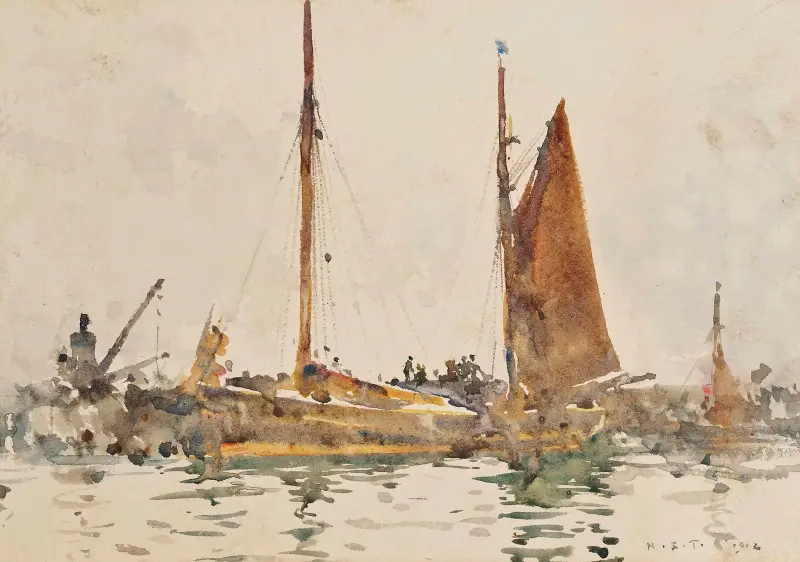 Lowestoft Fishing Boats Moored At Falmouth av Henry Scott Tuke