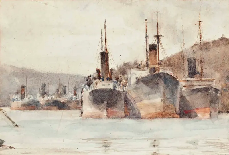 Ships Moored Near King Harry Ferry, On The River Fal av Henry Scott Tuke