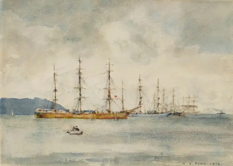 Windjammers In Falmouth Harbour av Henry Scott Tuke