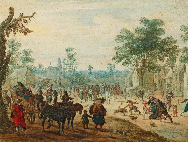 A village with numerous figures on a road av Sebastian Vrancx