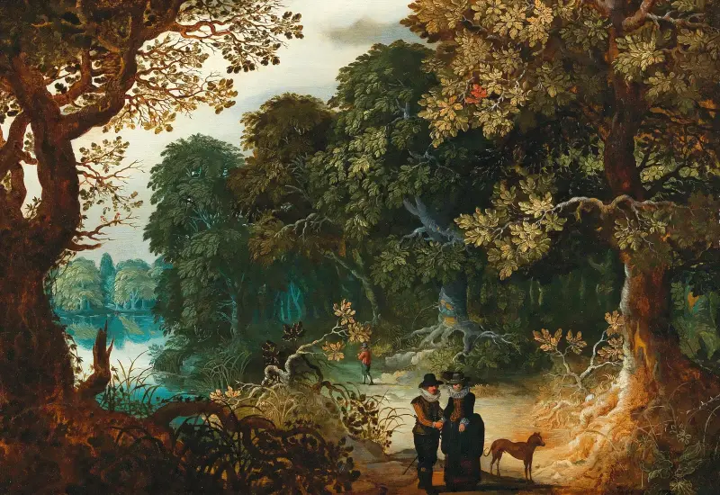 A wooded landscape with an amorous couple av Sebastian Vrancx