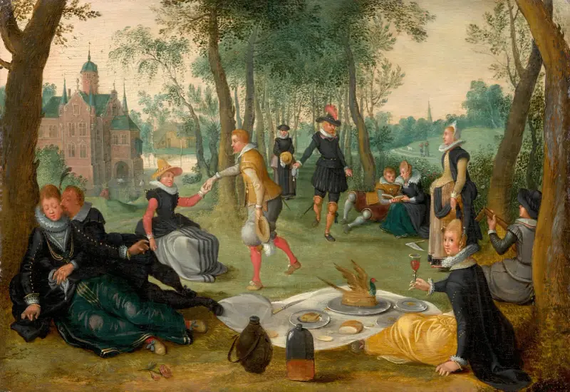 Elegant company having lunch in a landscape av Sebastian Vrancx