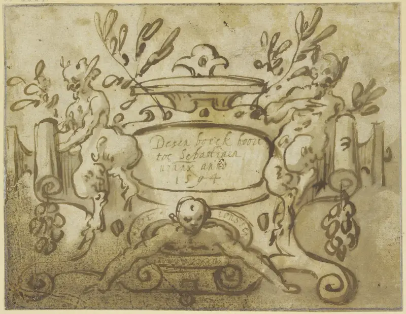 Frontispiz mit Ornamentkartusche, flankiert von zwei Satyrn von Sebastian Vrancx