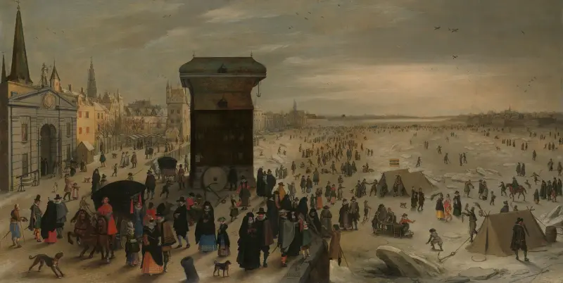 The Crane on the Antwerp Quay by the Frozen Scheldt av Sebastian Vrancx