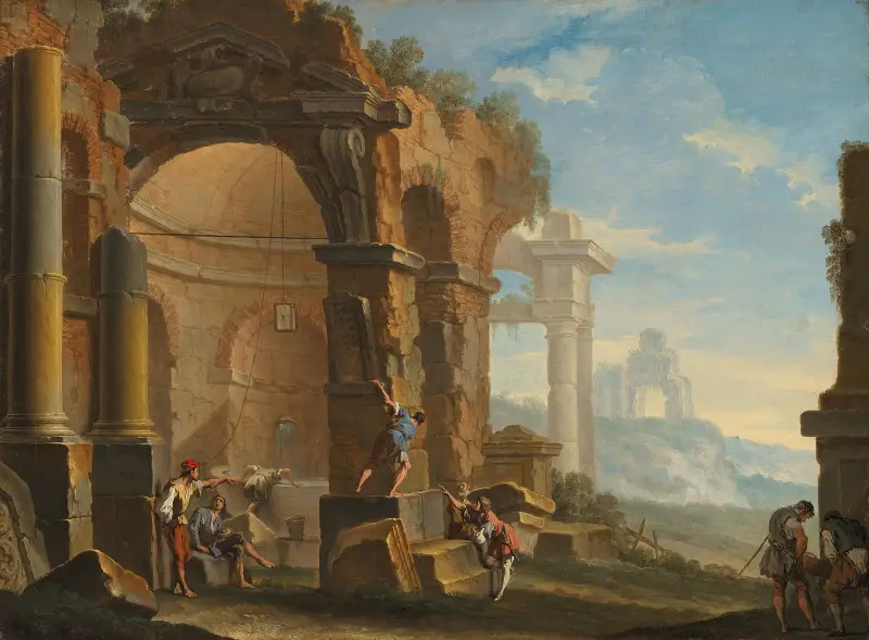 A capriccio with figures conversing by classical ruins av Sebastiano Ricci