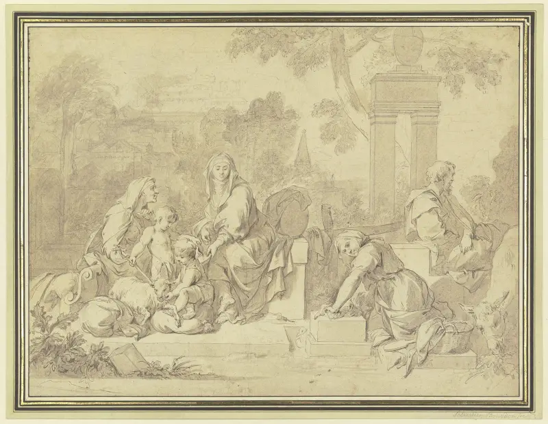 Die Heilige Familie mit Elisabeth und dem Johannesknaben mit der Wäscherin av Sébastien Bourdon