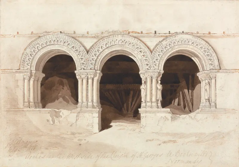 Bögen an der Westseite des Kreuzgangs von Saint-Georges de Bocherville bei Rouen in der Normandie von John Sell Cotman