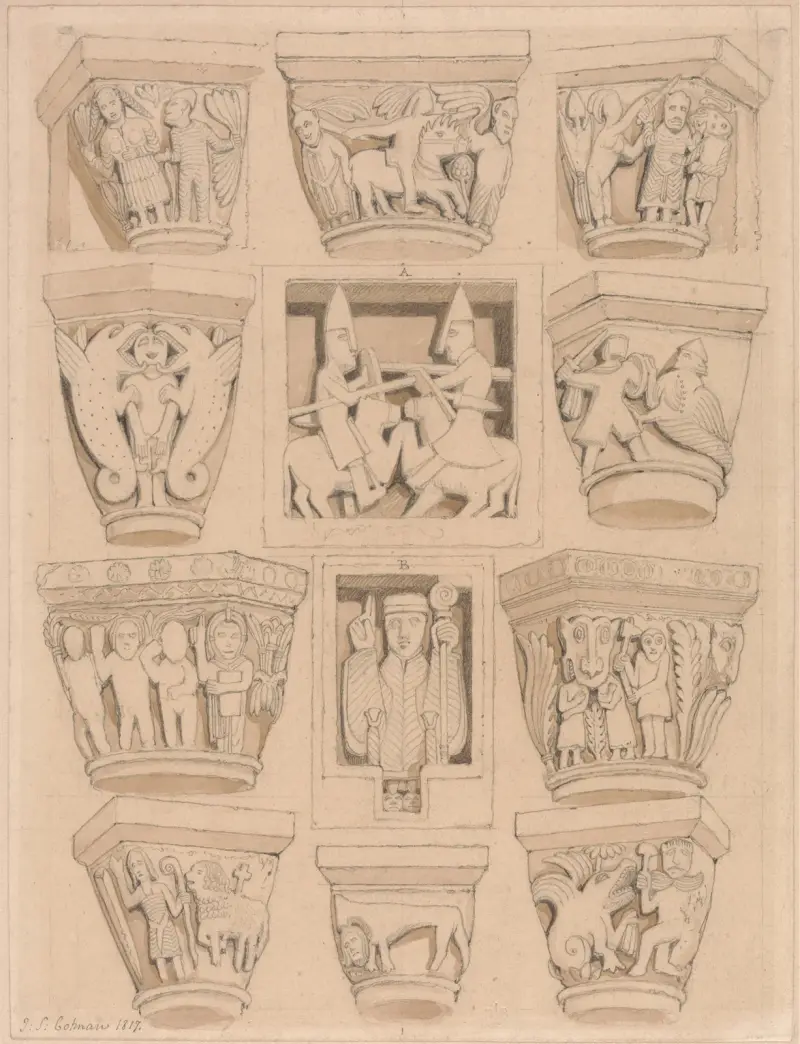 Kapitelle und A & B-Reliefs in der Abteikirche Saint-Georges de Bocherville bei Rouen, Normandie von John Sell Cotman