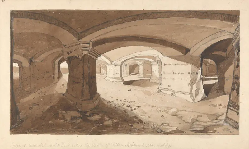 Urgrävda grottor i klippan vid slottet Château Gaillard, nära Andelys, Normandie av John Sell Cotman
