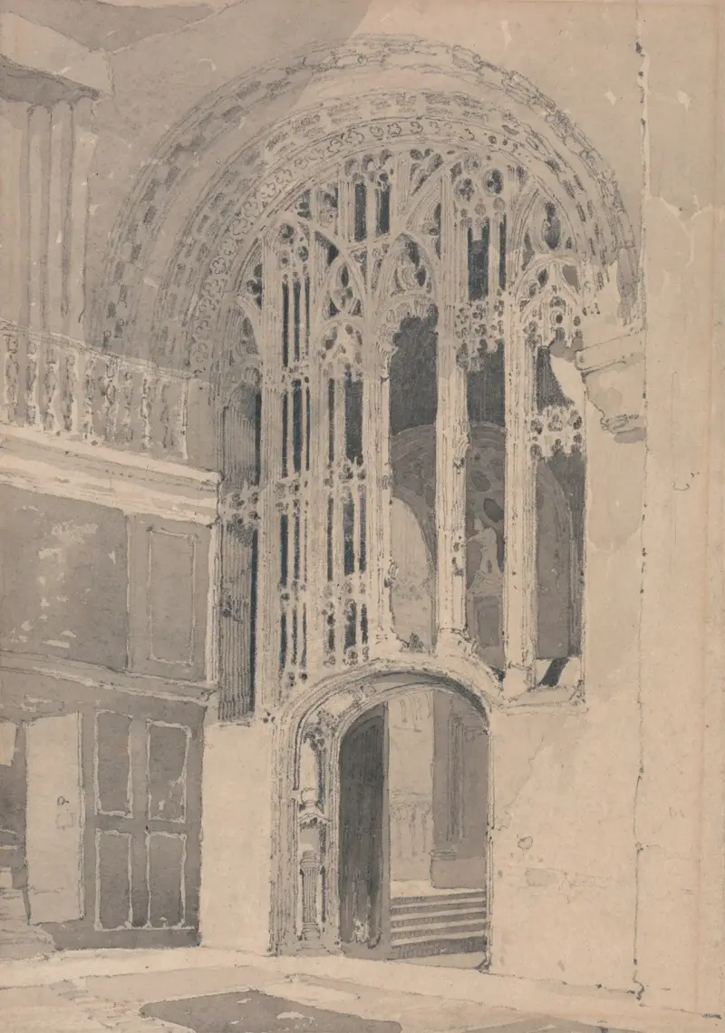 Interiör från Norwich Cathedral; Dörr och skärm mellan södra tvärskeppet och presbyteriets sidoskepp av John Sell Cotman